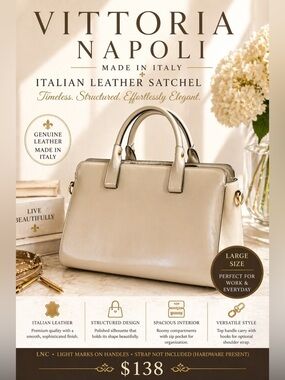 Vittoria Napoli Italian Leather Structured Satchel Beige Large Work Tote